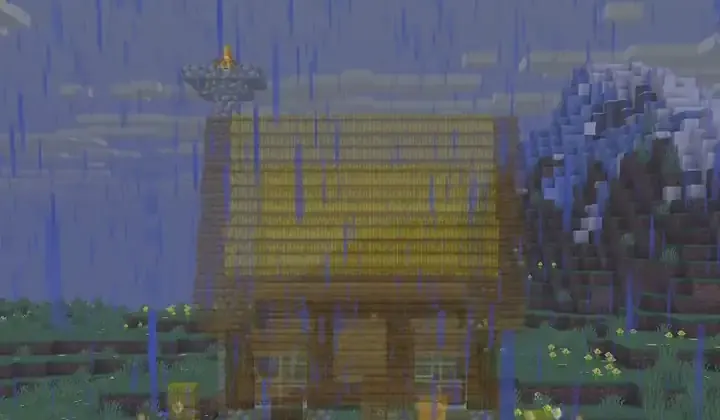 A rustic beekeeper cottage with a hay roof in Minecraft, made from the prompt above