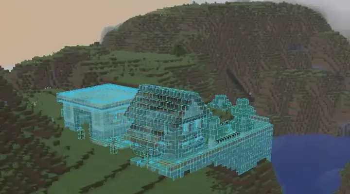 A see-through blue ghost of a ranch on a hillside in Minecraft
