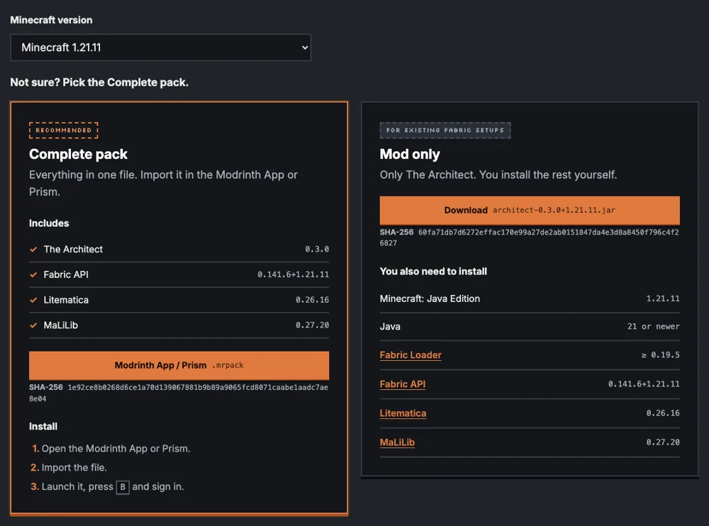 The download page with the Complete pack and the Mod only card.