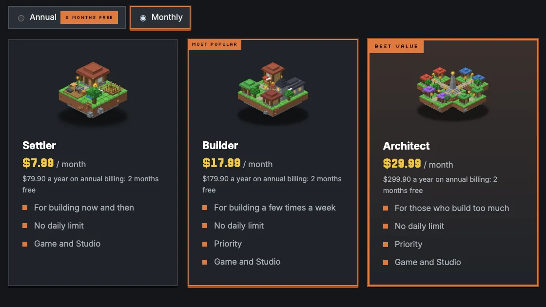 The three plans, Settler, Builder and Architect, with their monthly prices, from the plans section of this site