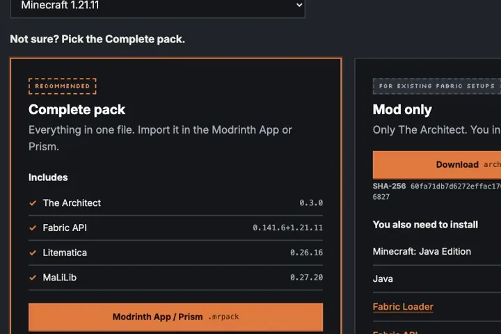 The download section of The Architect website