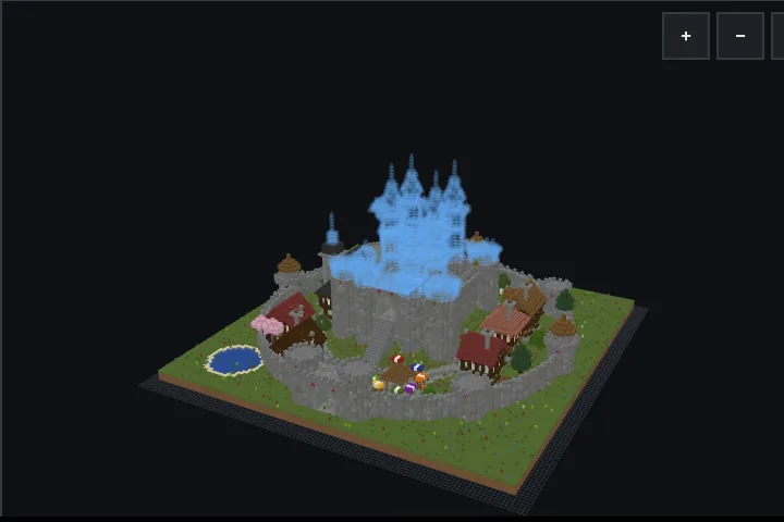 A 3D view of a hilltop castle village