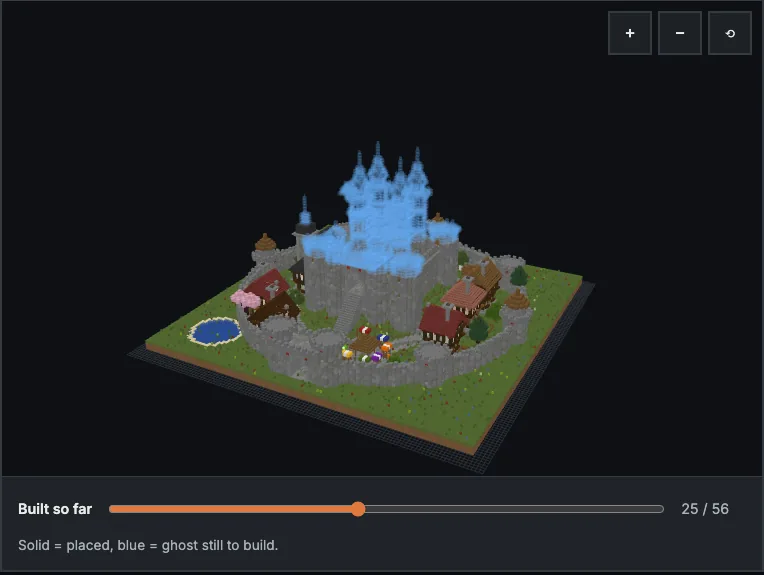 The 3D viewer from the examples section of this site, showing a hilltop castle village with a slider for how much is built