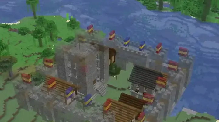 A ghost of a walled city with towers, by a river